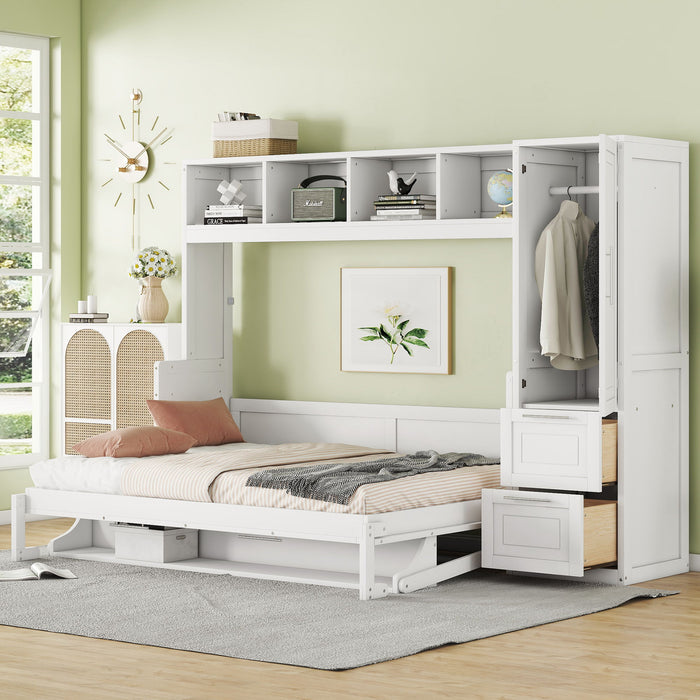 Full Size Murphy Wall Bed With Closet And Drawers - White