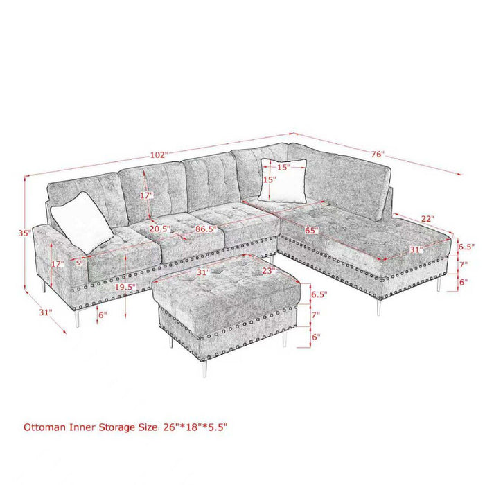 L-Shaped Sectional Sofa With Chaise And Storage Ottoman, Includes 2 Pillows Home Essentials