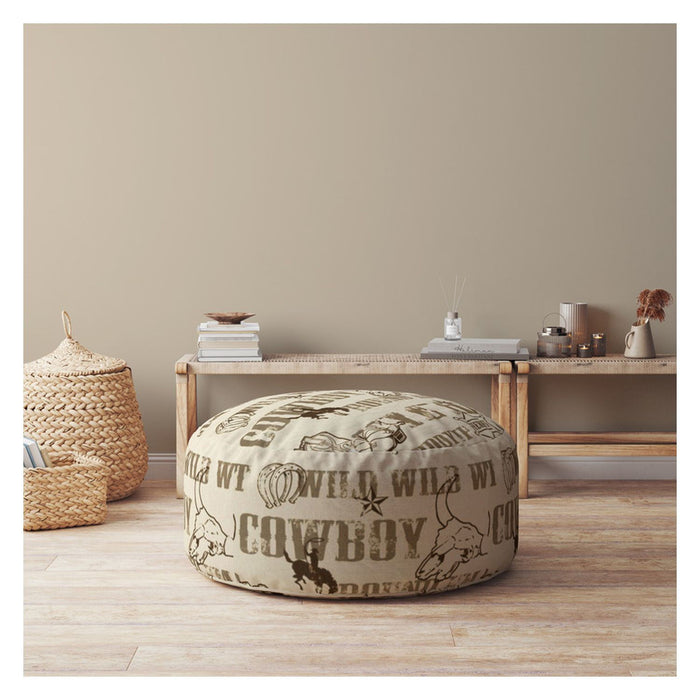 Cotton Round Animal Print Pouf Ottoman - Brown