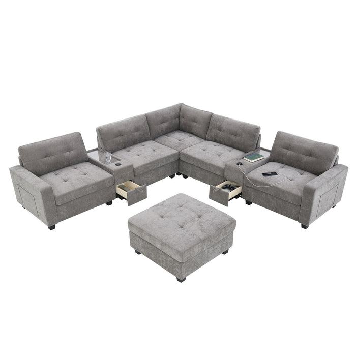 Sectional With Acrylic Table Top U Shaped Couch Set With 2 Consoles USB Charger, Storage Drawers And Pockets Movable Ottoman Tufted Sofa