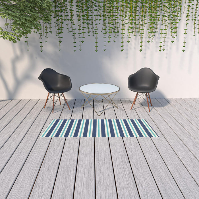 2' X 8' Geometric Stain Resistant Area Rug Outdoor & Indoor - Ivory / Blue