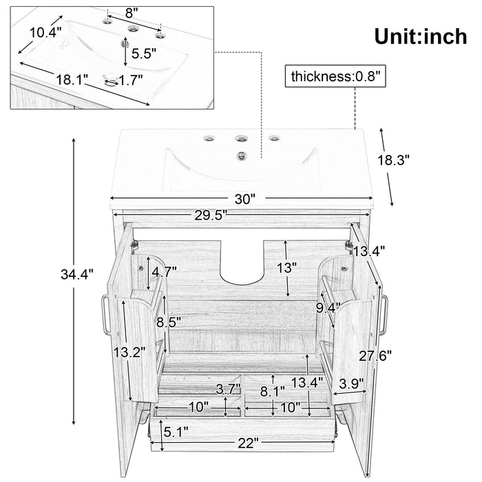 30" Bathroom Vanity With Sink, Cabinet With Doors And Drawer, Rectangular Shape - Natural Hearth and Haven