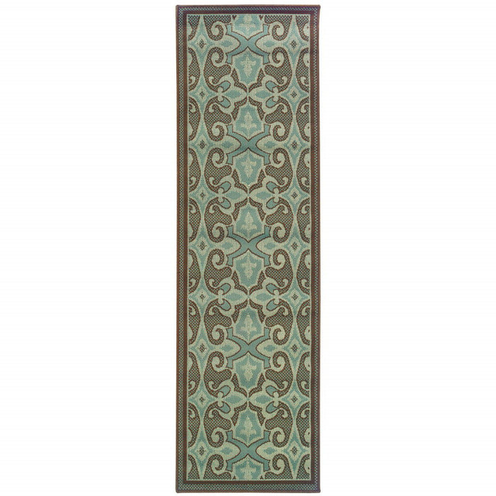 2' X 8' Oriental Stain Resistant Outdoor & Indoor Area Rug - Blue