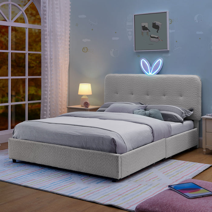 Upholstered Bed With Oversized Rabbit Ear Headboard, LED Lights & 4 Storage Drawers Home Essentials