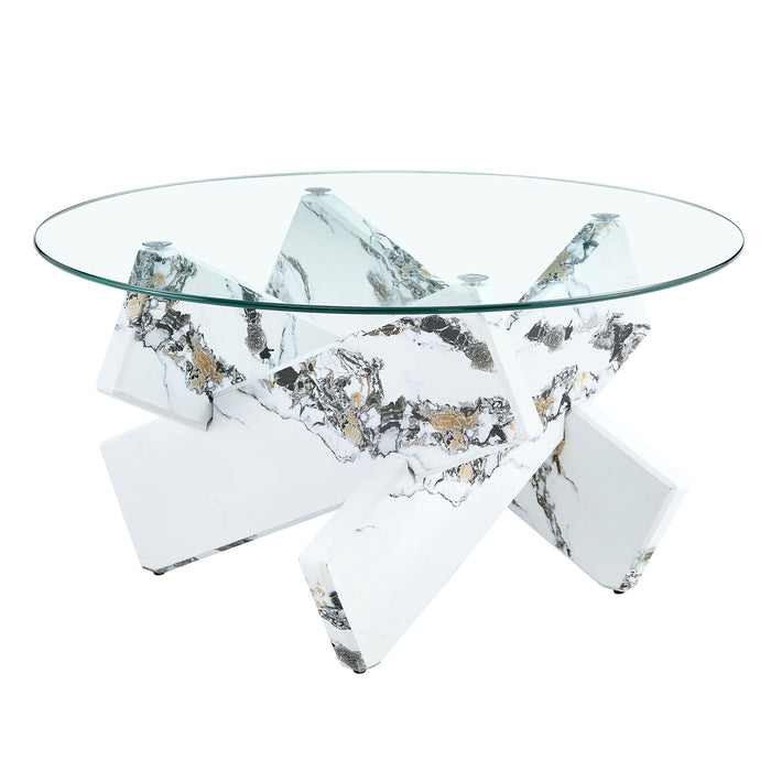 Modern Round Glass Coffee Table With Tempered Glass Countertop - White