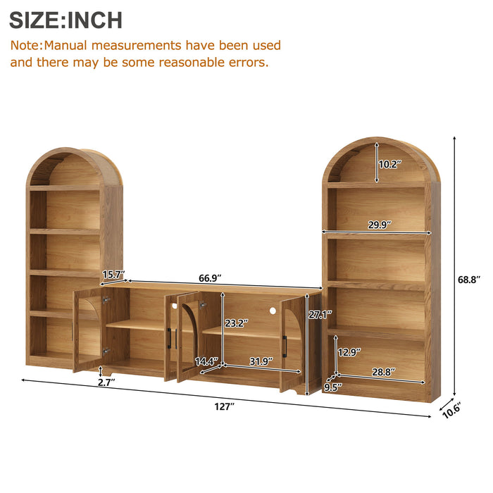 3 Piece TV Stand Set With Bookshelf With Arched Design For Living Room - Brown Hearth and Haven