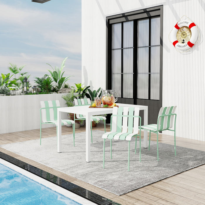 4 Piece Set Of Striped Color Blocking Single Chairs With Long Table - Cream White / Haze Green / White Home Essentials