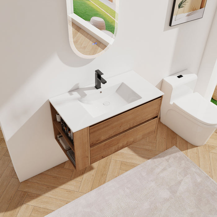 36" Wall Mounting Bathroom Vanity With Ceramic Sink, Soft Close Drawer - Imitative Oak