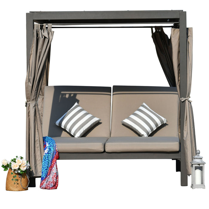 Outdoor Steel Metal Adjustable Day Bed With Canopy And Taupe Cushions - Gray