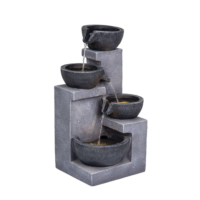 4 Tier Cascading Water Fountain With Warm LED Lights, Quiet Pump For Patio - Gray Daily Nest