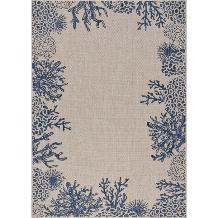 5' X 7' Coral Stain Resistant Indoor / Outdoor Area Rug - Beige / Blue