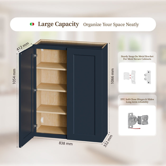 Shaker Wall Cabinet With Soft Close Hinges, Adjustable Shelves, Double Door Home Essentials