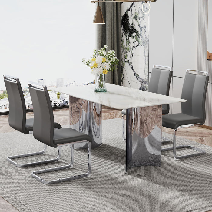 Modern Minimalist Dining Table Imitation Marble Glass Sticker Desktop, Stainless Steel Legs, Stable And Beautiful. 4 Premium PU - Silver / White - Glass