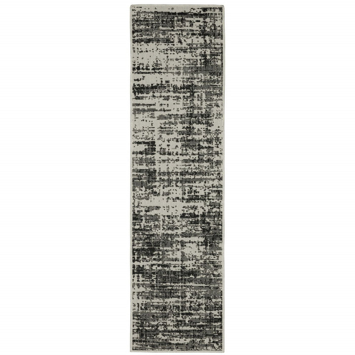 2' X 7' Abstract Stain Resistant Indoor / Outdoor Area Rug - Beige / Black