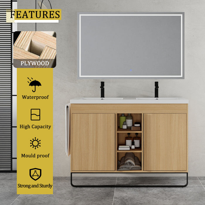 48" Freestanding Bathroom Vanity With Double Sink, 2 Soft Close Doors & 3 Open Shelves - Oak Home Essentials