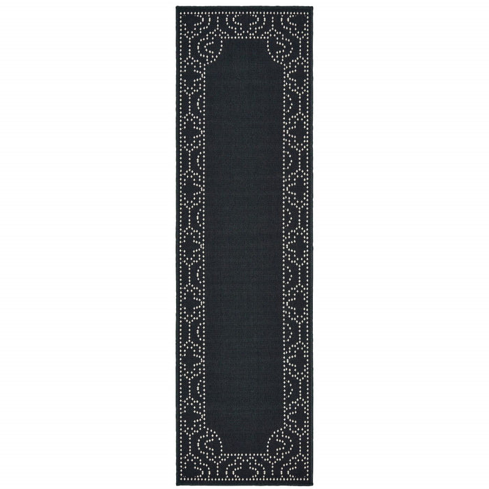 2' X 8' Stain Resistant Indoor / Outdoor Area Rug - Black / Ivory