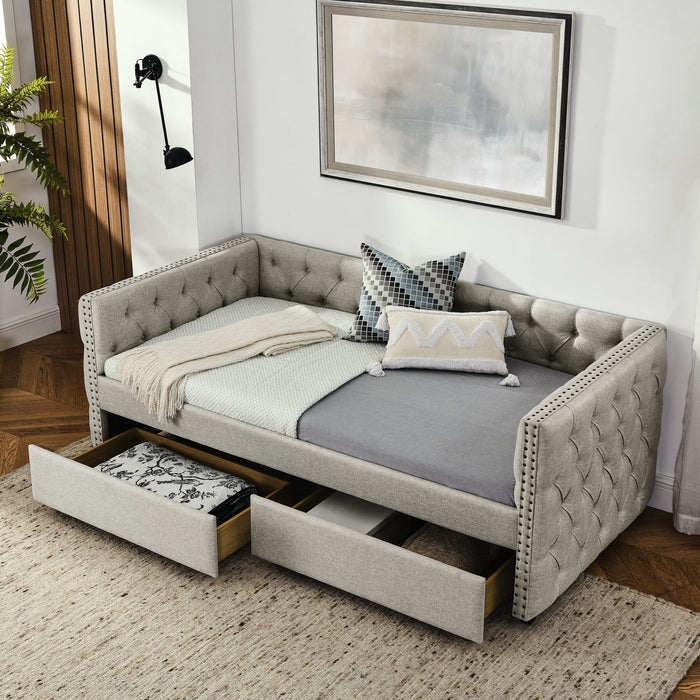 Upholstered Twin Size Daybed With Two Drawers, With Button And Copper Nail On Square Arms, Beige