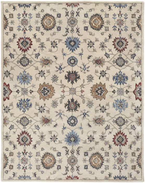 Floral Tufted Handmade Stain Resistant Area Rug - Ivory Blue And Tan Wool - 8' X 10'