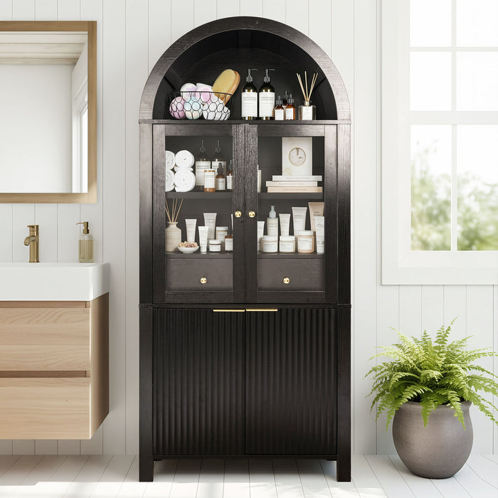 Fluted Tall Arched Pantry Cabinet With Adjustable Shelves, Glass Door & Hidden Drawer For Kitchen Home Essentials