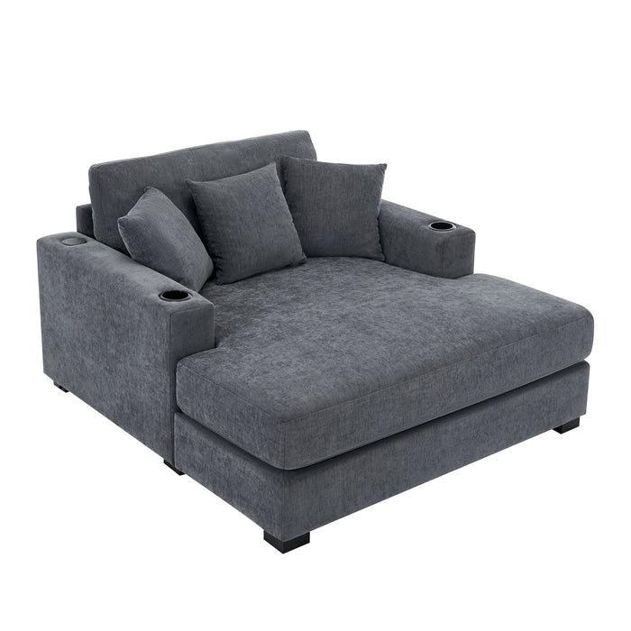 Oversized Chaise Lounger Modern Style Sofa Couch, With Pillows, Charge Station & Cup Holders