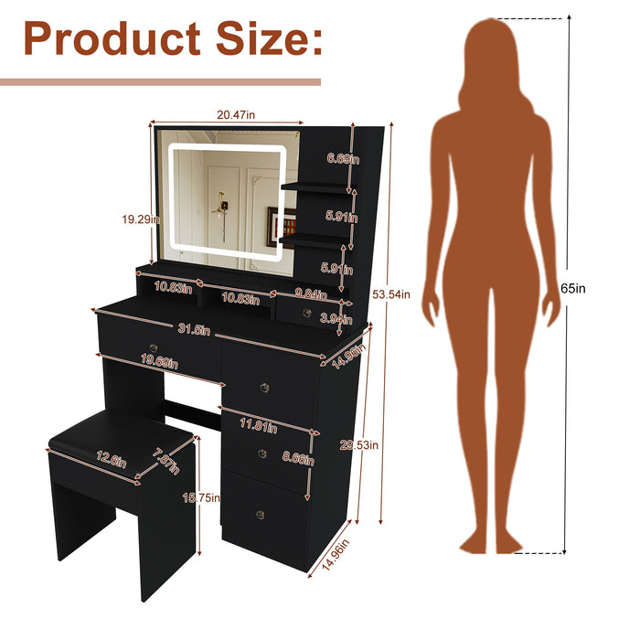 Vanity Desk With Mirror, 3 Color Lighting And Stool Home Essentials