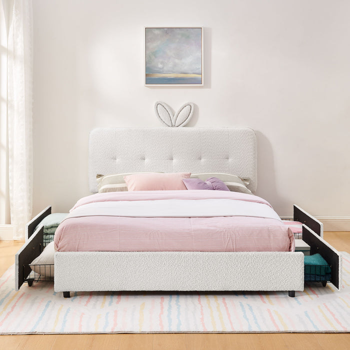 Upholstered Bed With Oversized Rabbit Ear Headboard, LED Lights & 4 Storage Drawers Home Essentials
