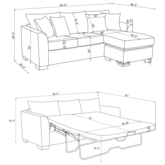Pacheco - Upholstered Sleeper Sectional Chaise Sofa With Pocket Coils And Reversible Cushions - Dark Gray Furniture Max