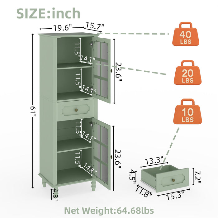 Storage Cabinet, Freestanding Curio Cabinet With Grid Doors & Drawer, Pantry Display Cabinet For Kitchen Home Essentials