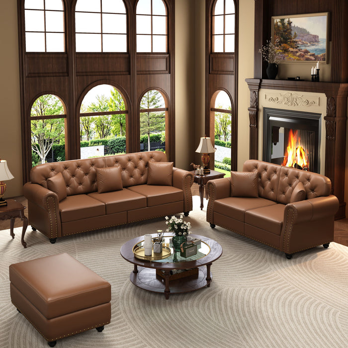 Upholstered Sofa With Nailhead Trim, Rolled Armrests With Ottoman Home Essentials