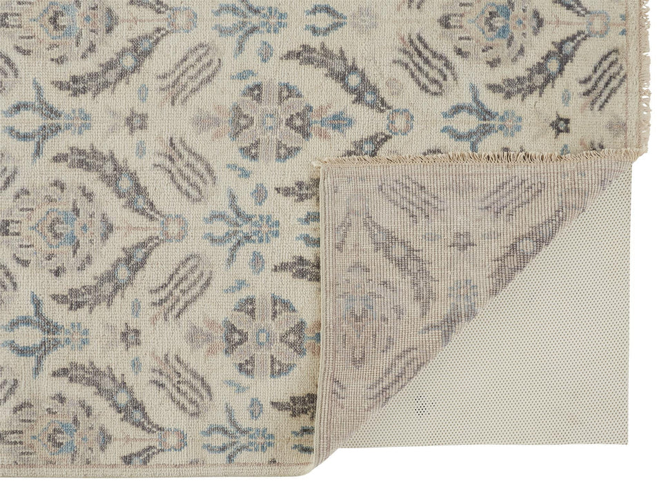 Floral Hand Knotted Stain Resistant Area Rug - Ivory Gray And Blue Wool - 12' X 15'