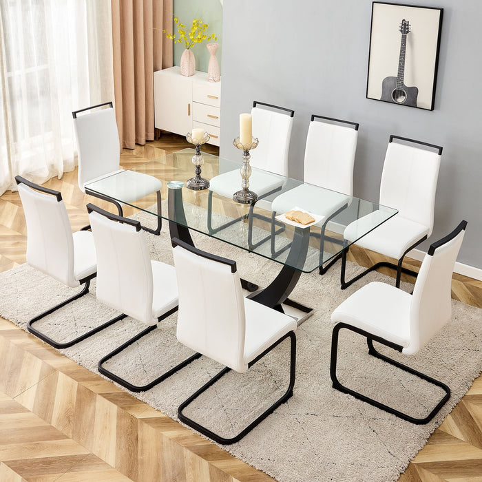1 Table And 8 Chairs Set, Large Rectangular 0.4" Tempered Glass Tabletop, Black Metal Bracket Dining Table Paired With 8 Modern PU Artificial Leather High Backrest Soft Cushion With Black Metal Legs,