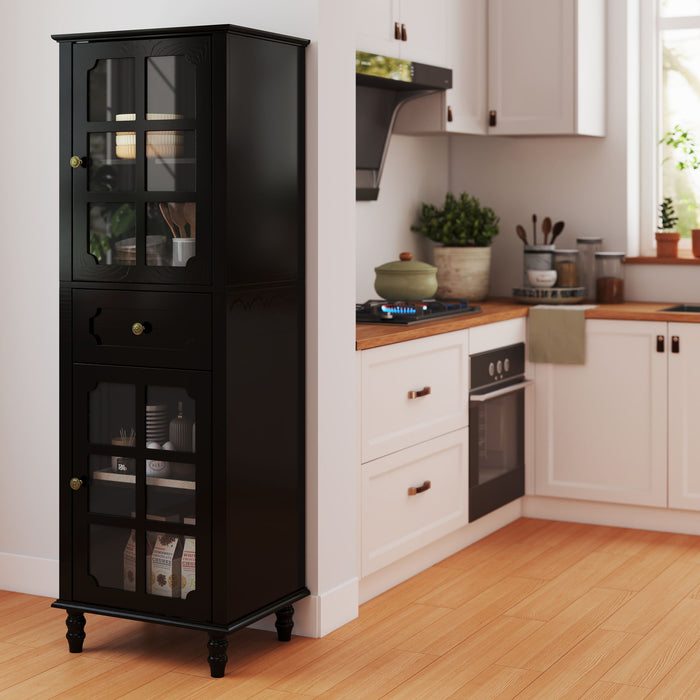 Storage Cabinet, Freestanding Curio Cabinet With Grid Doors & Drawer, Pantry Display Cabinet For Kitchen Home Essentials