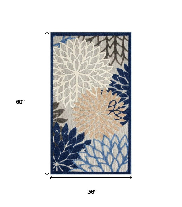 3' X 5' Floral Non Skid Indoor / Outdoor Area Rug - Blue