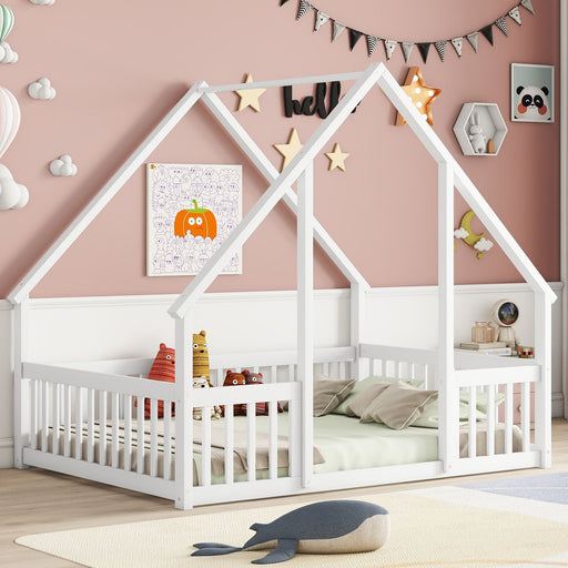 Wood House-Shaped Floor Bed With Fence, Guardrails Home Essentials