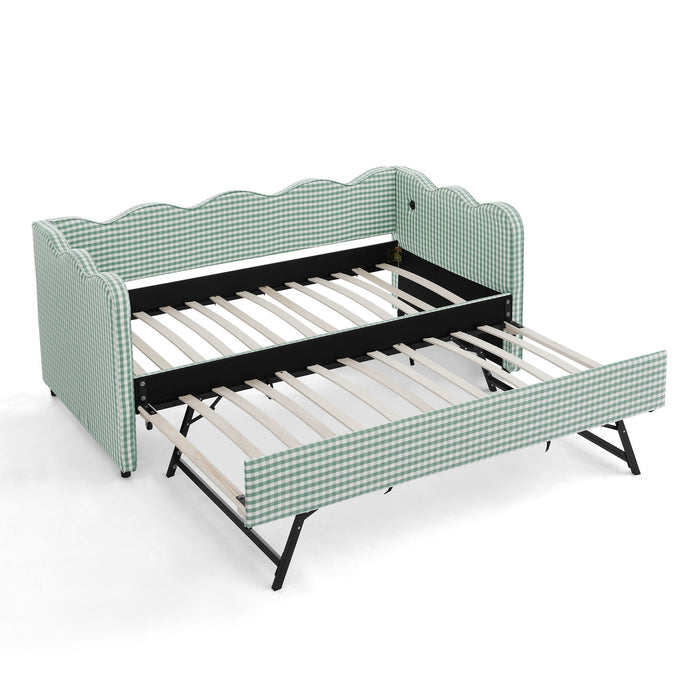 Gingham Daybed With USB Charging Port, Wave Shaped Design Home Essentials
