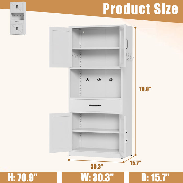 Kitchen Pantry Cabinet With Adjustable Shelves, Drawers, Hooks And Large Countertop - White Home Essentials