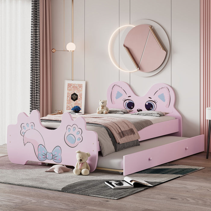 Cartoon Twin Size Platform Bed With Trundle, Pink