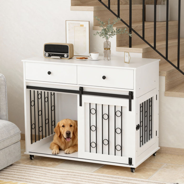 Dog Crate Furniture With Double Drawers And Sliding Barn Door, Pet Kennel For Small To Medium Dogs - White Home Essentials