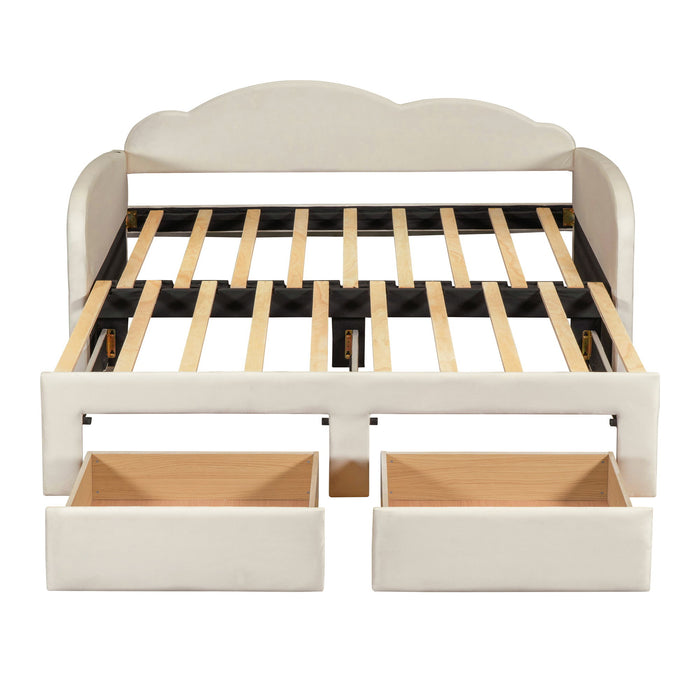 Upholstered Daybed With Cloud-Shaped Backrest, Trundle & 2 Drawers And USB Ports