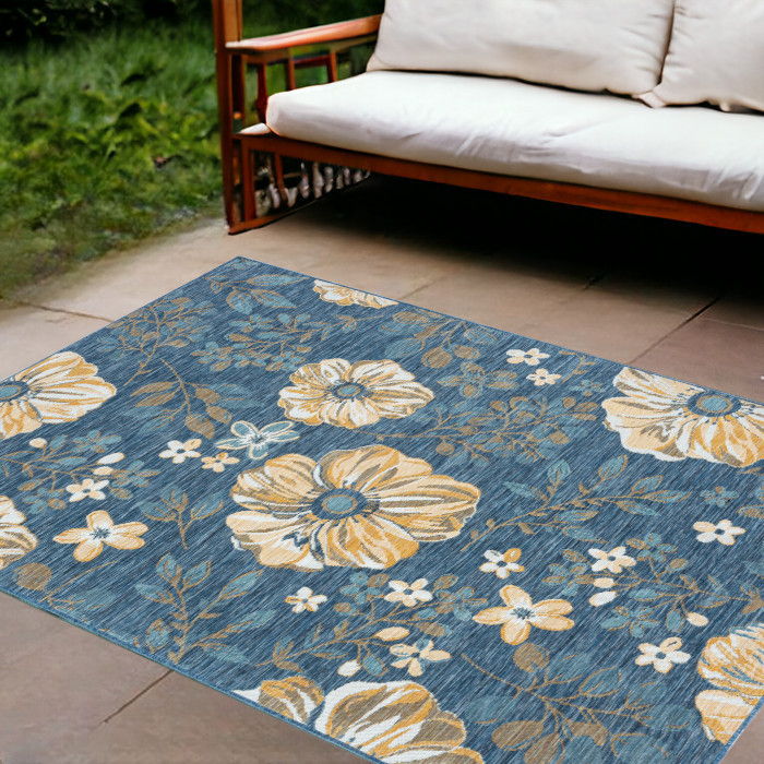 8' X 10' Floral Stain Resistant Indoor / Outdoor Area Rug - Blue White / Yellow