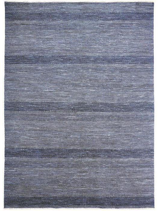 Hand Knotted Striped Area Rug - Blue And Silver Wool - 12' X 15'