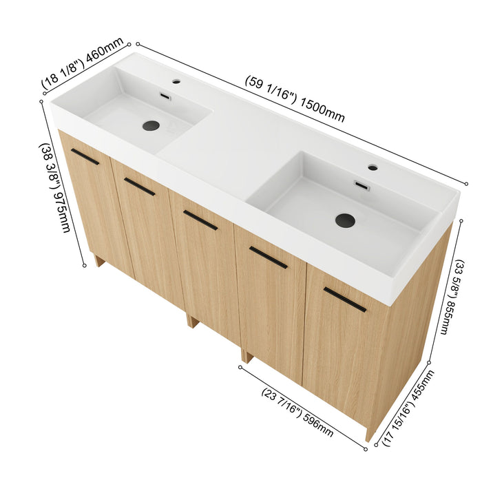 Double Sink Bathroom Vanity With Extra Large Storage, Integrated Sink, Freestanding Cabinet, Soft Close Doors - Glossy White / Light Oak Home Essentials
