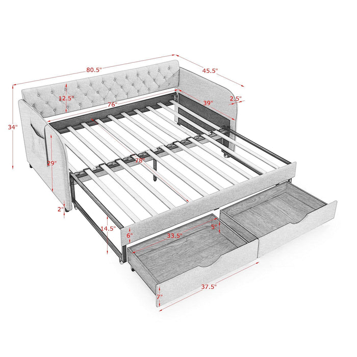 Daybed With Trundle And Storage Drawers, Flat Arms With Pocket Home Essentials