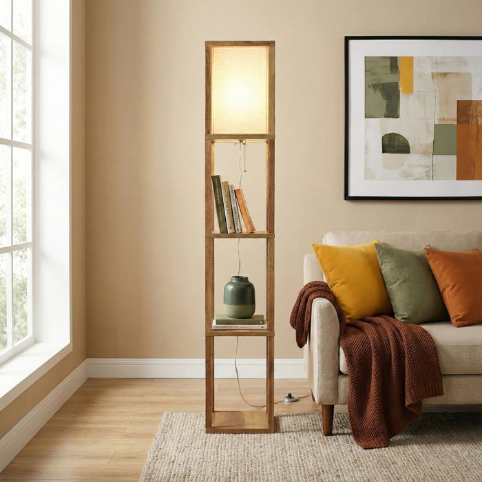 Pinnacle - Shelf Floor Lamp For Bedroom / Living Room, Long Shade - Natural Wood / White Ashcroft Furniture