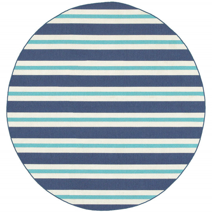 8' X 8' Round Geometric Stain Resistant Area Rug Indoor & Outdoor - Blue / Ivory