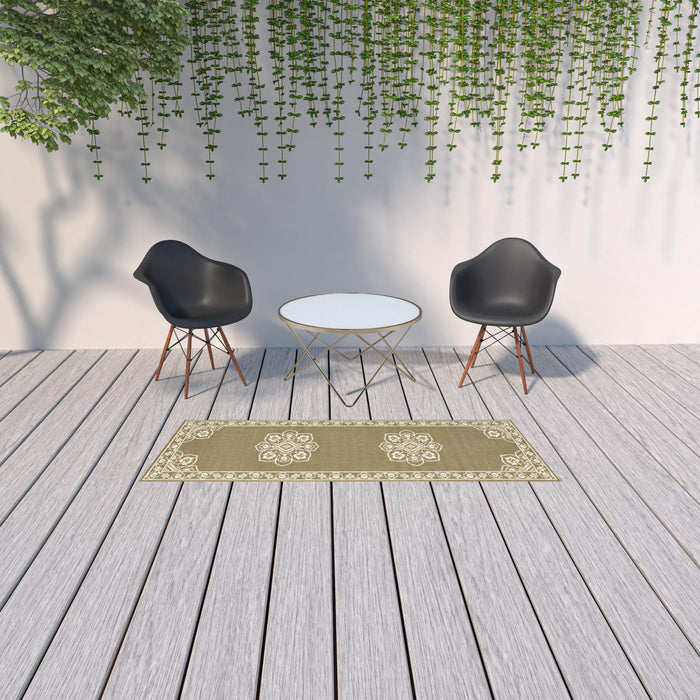 2' X 8' Oriental Stain Resistant Outdoor / Indoor Area Rug - Tan