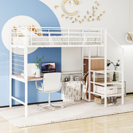 Loft Bed With Desk And Grid, Stylish Frame With Lateral Storage Ladder And Wardrobe Halcyon Home