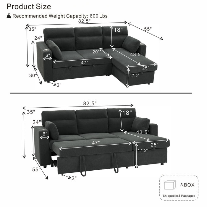 Convertible L - Shaped Sectional Sofa Bed With Storage Chaise, Cup Holders Home Essentials