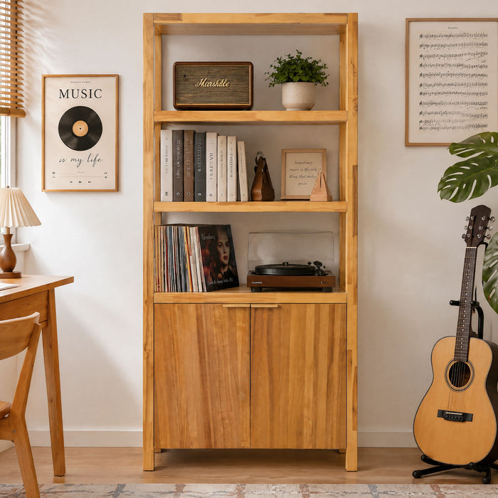 Tall Storage Bookcase Cabinet With 2 Open Shelves & Double Doors, Freestanding Shelving Unit - Natural Noble House