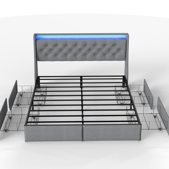 Platform Bed Frame With RGB LED Lights, Charging Station, Storage Headboard & 4 Underbed Drawers Home Essentials